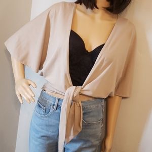 LOFT Tan Flutter Sleeve Waist Tie Top